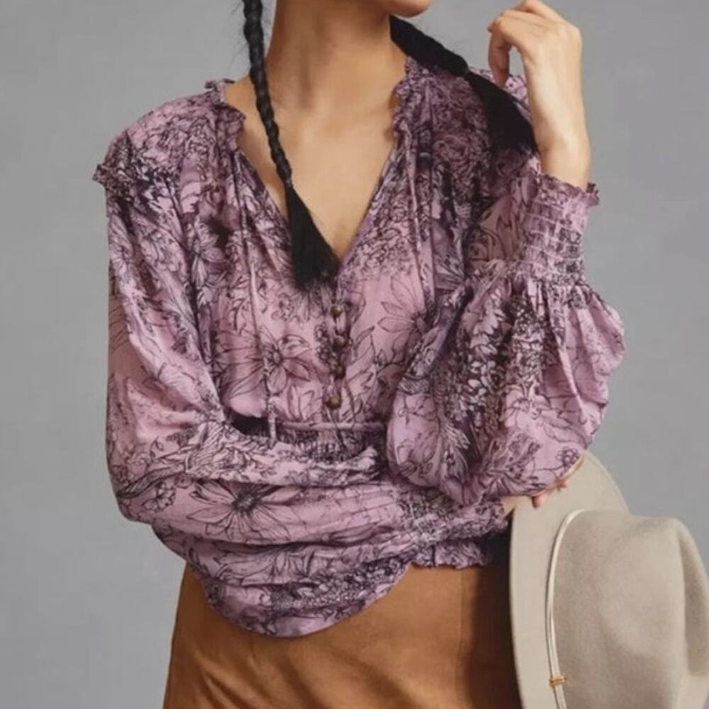 Anthropologie Sheer Floral Blouse Women’s XL Light Purple Boho Flowy Top